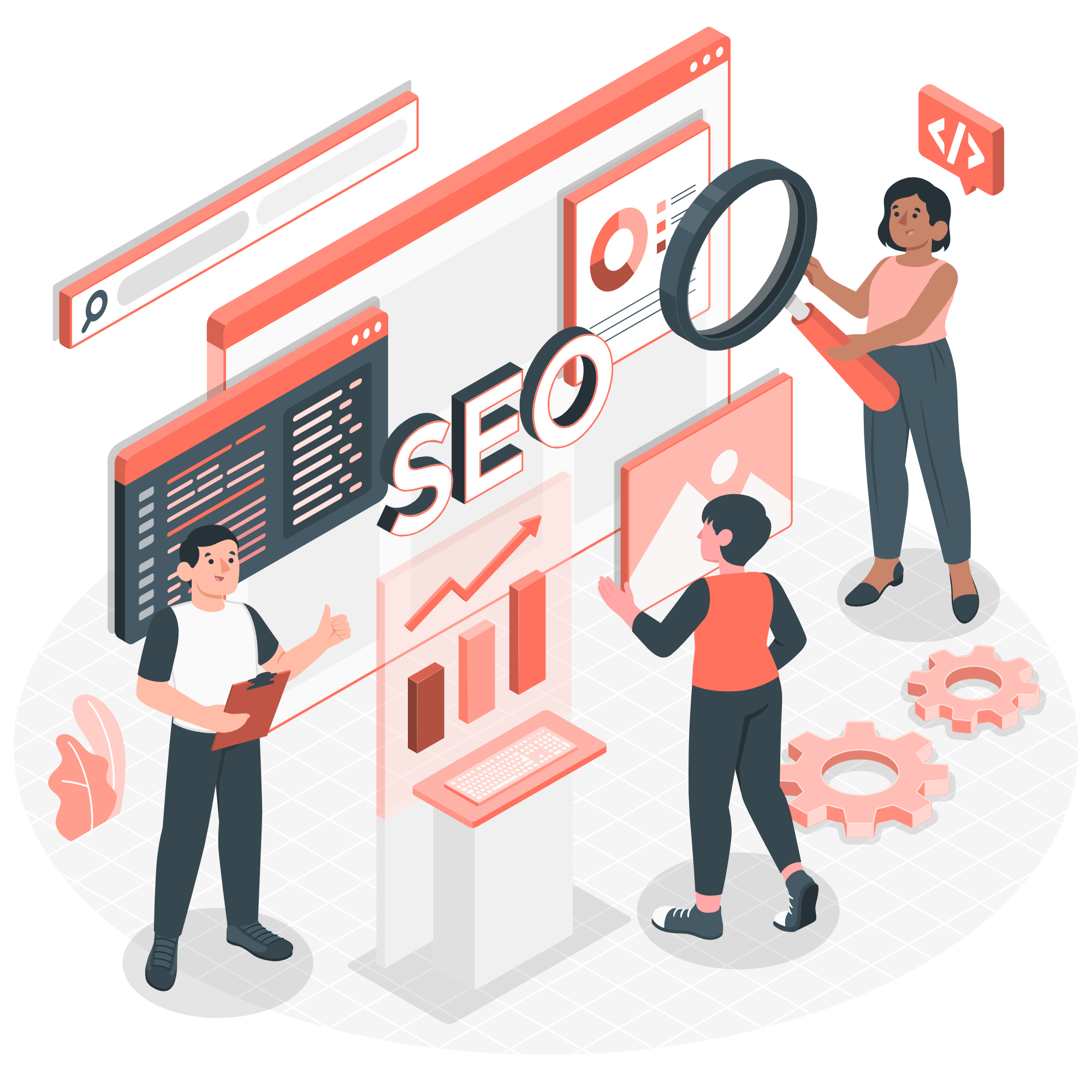 Search engine optimization (SEO) concept showing website ranking and keyword analysis
