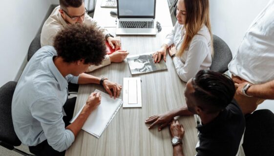 Digital marketing strategy illustration with SEO, social media, PPC and analytics icons